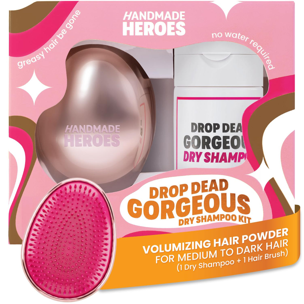 Handmade Heroes Dry Shampoo and Brush Kit packaging front view