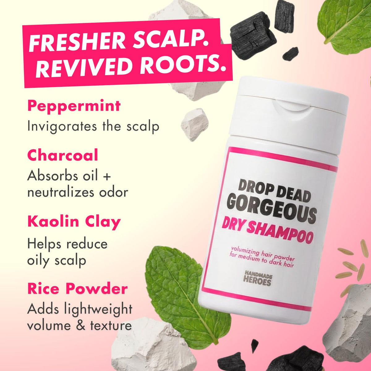 Handmade Heroes Dry Shampoo applied to dark hair