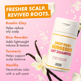 Handmade Heroes dry shampoo with ingredients display