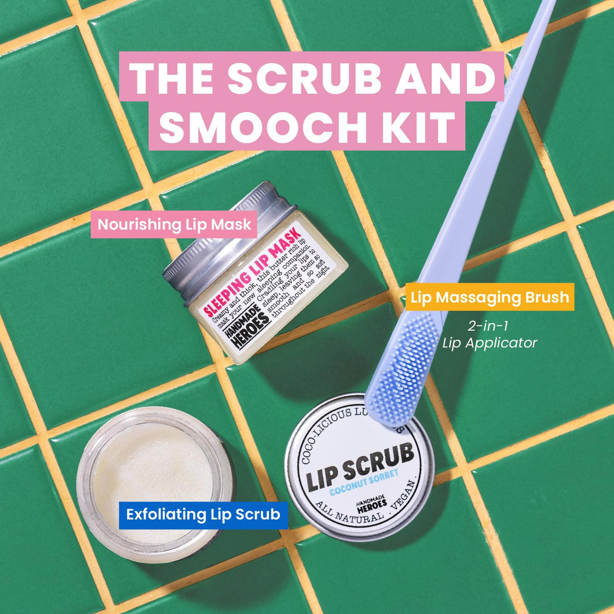Handmade Heroes Lip Scrub and Mask Set with massaging brush