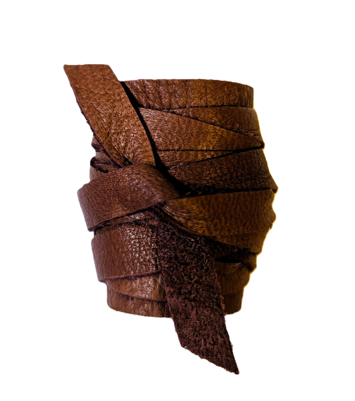 Handmade leather hair wrap front view with natural texture