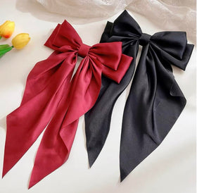 Handmade satin hair bow with long tail in black