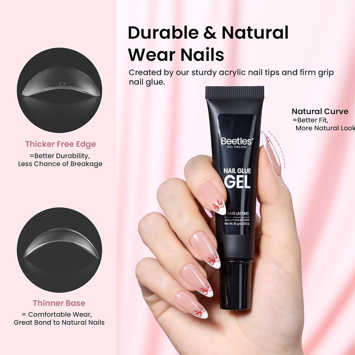 Hands applying beetles nail glue on almond nail tips
