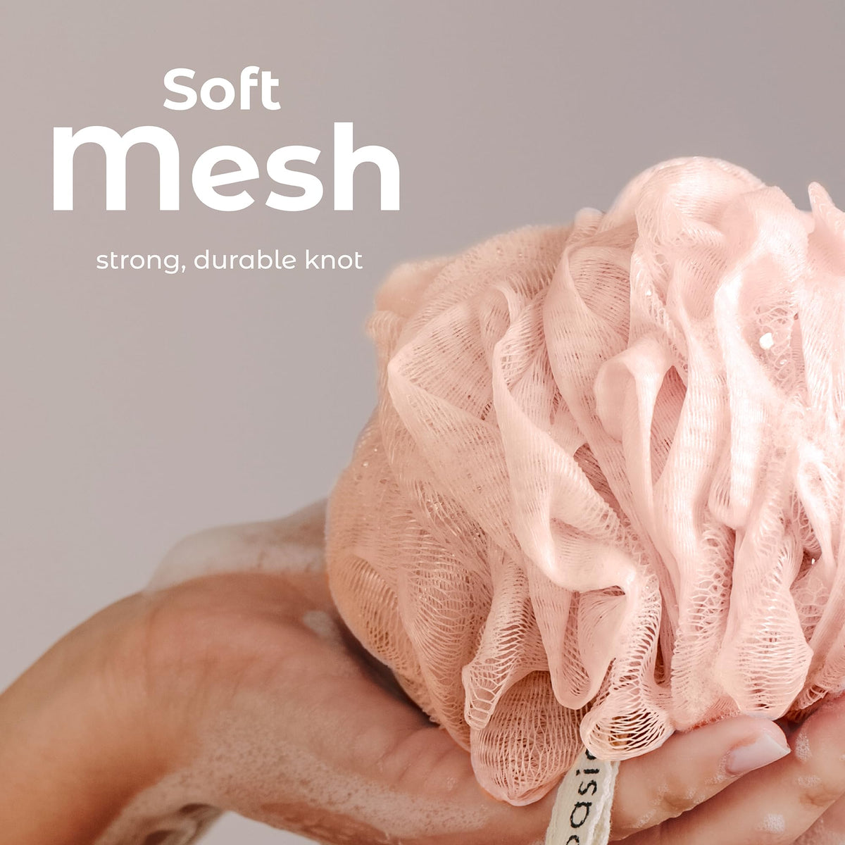 Hanging MainBasics loofah sponge for easy storage