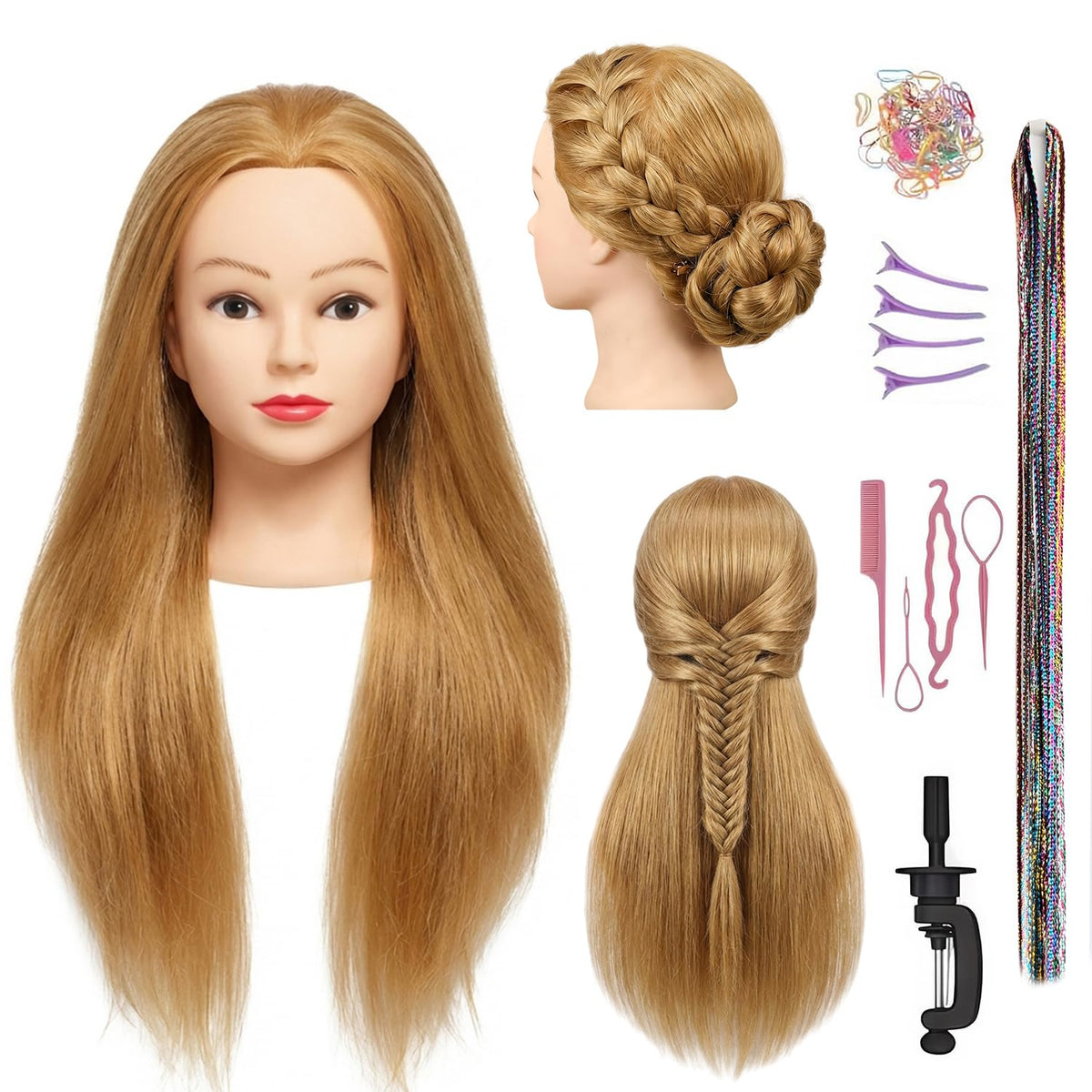 HAPOWELL mannequin head front view with 22-inch real hair