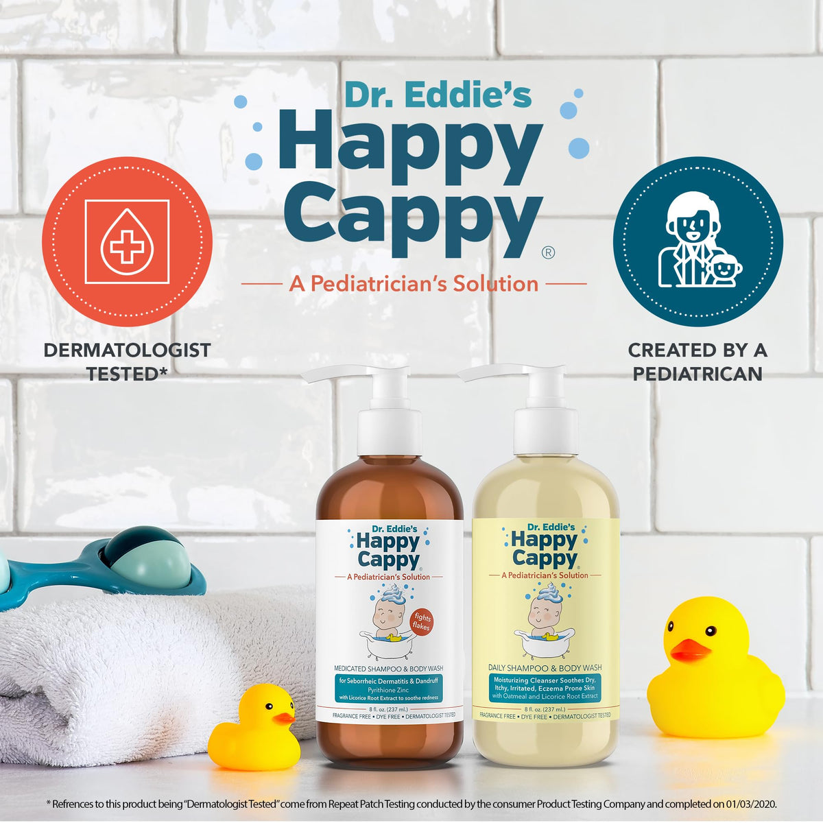 Happy Cappy body wash bottle showing application instructions