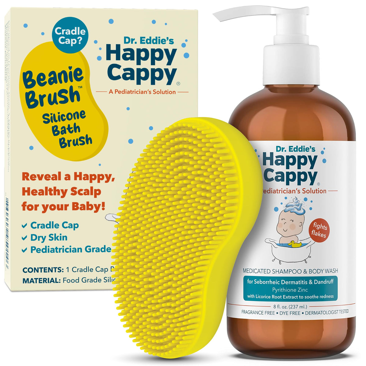 Happy Cappy Medicated Shampoo and Beanie Brush set front view