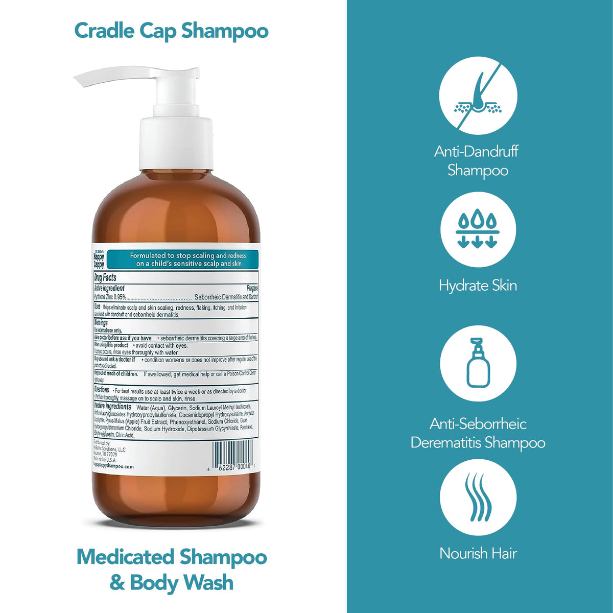 Happy Cappy Medicated Shampoo and Body Wash back view showing ingredients