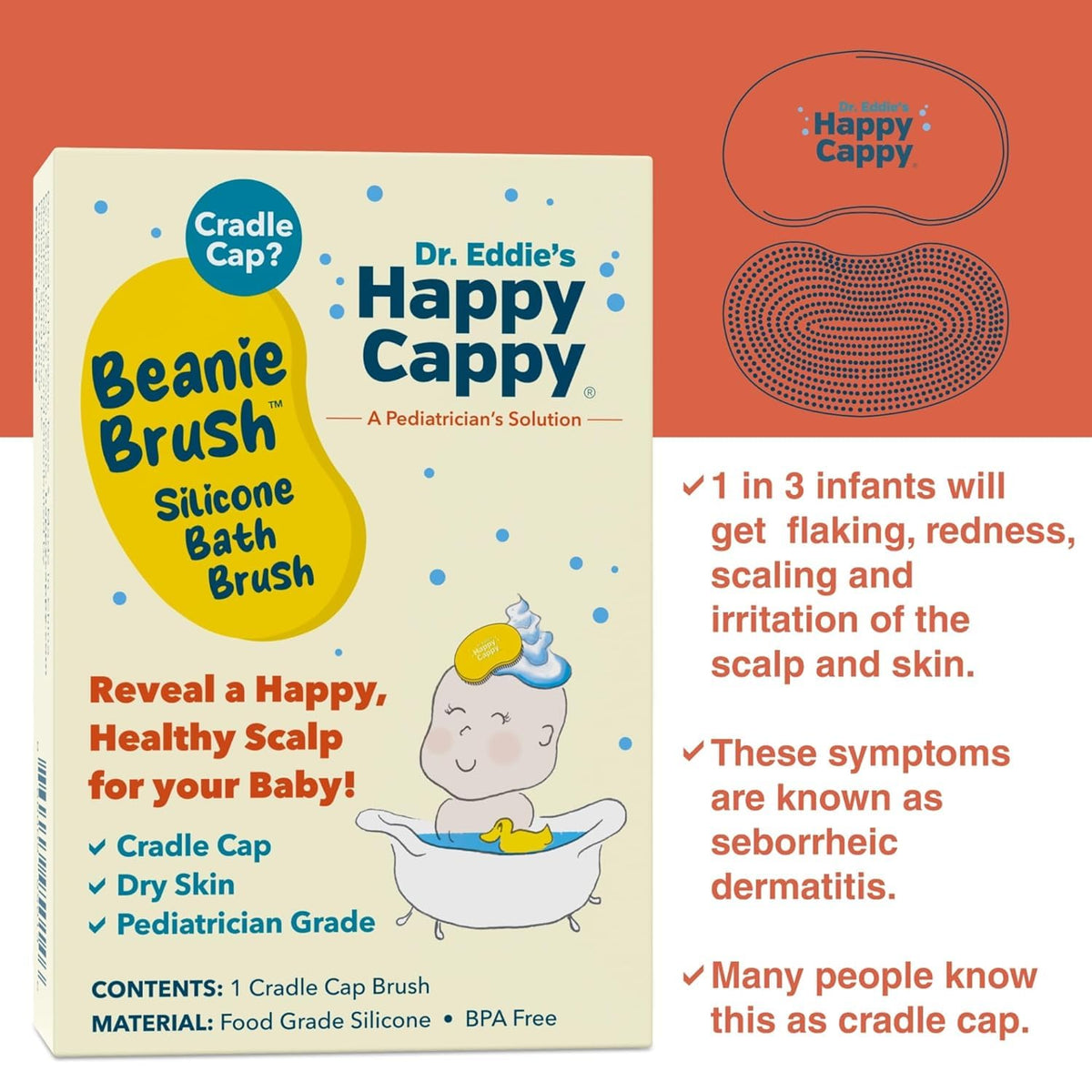 Happy Cappy shampoo and brush set on a bathroom counter