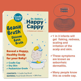 Happy Cappy shampoo and brush set on a bathroom counter