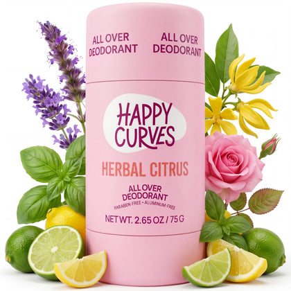 HAPPY CURVES All Over Whole Body Deodorant front view with herbal citrus scent
