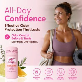 HAPPY CURVES All Over Whole Body Deodorant packaging and dimensions