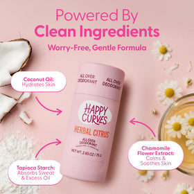 HAPPY CURVES All Over Whole Body Deodorant with tropical scent background