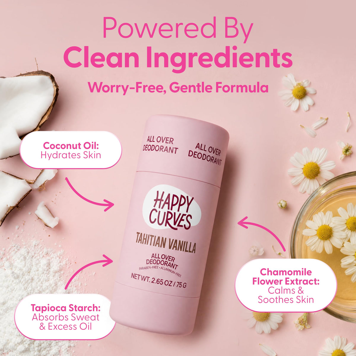 HAPPY CURVES deodorant with coconut and vanilla background