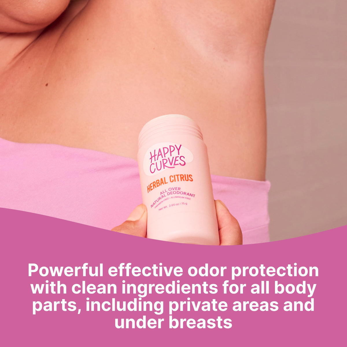 HAPPY CURVES Whole Body Deodorant packaging with ingredients