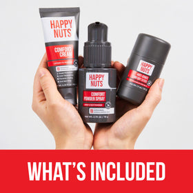 HAPPY NUTS Anti Chafing products on a bathroom counter