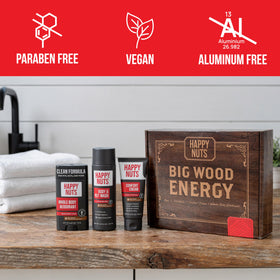 HAPPY NUTS Big Wood Energy Box displayed with accessories