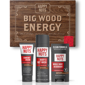 HAPPY NUTS Men's Gift Hygiene Kit Big Wood Energy Box front view