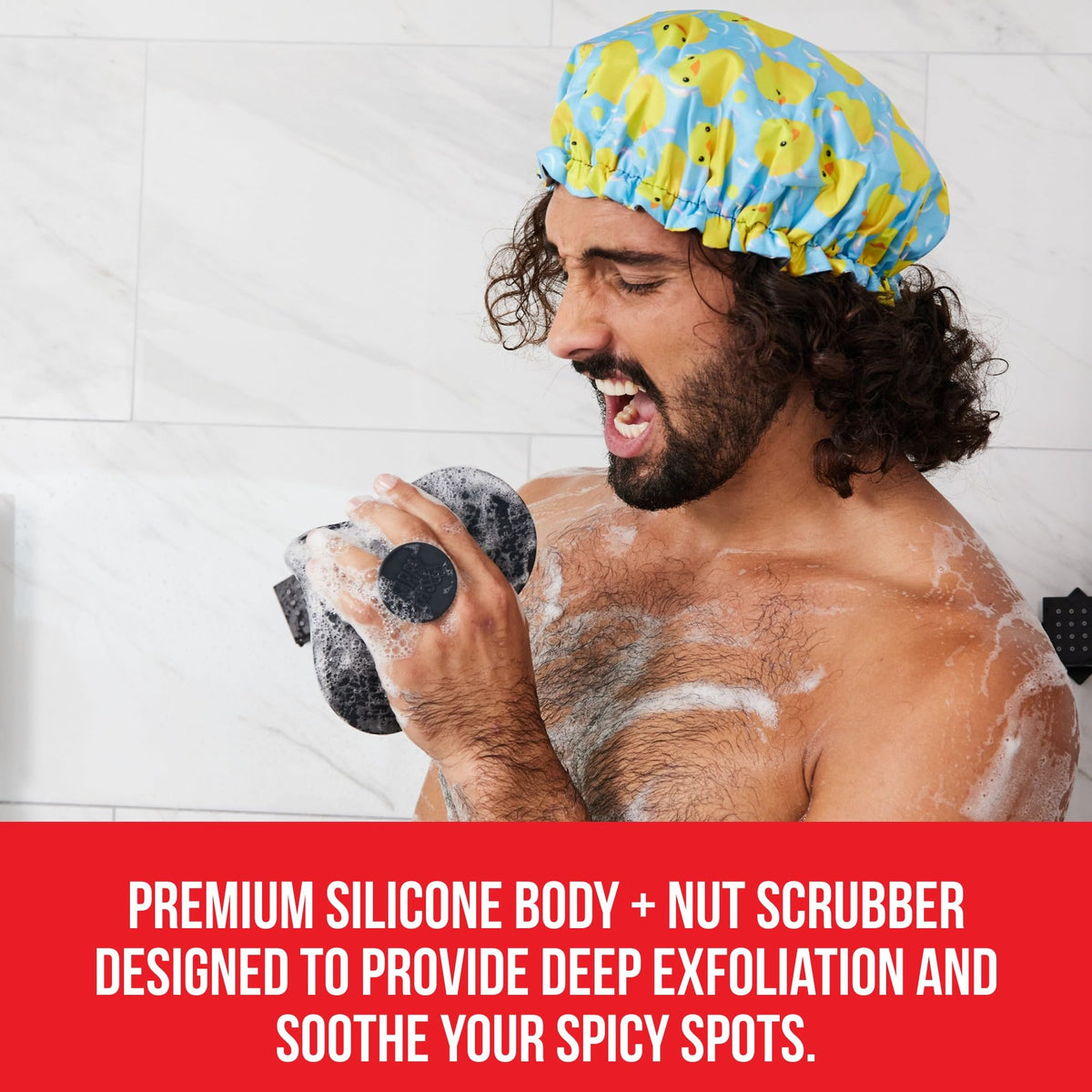 HAPPY NUTS Silicone Body Scrubber in use during shower