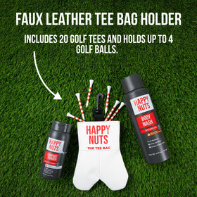 HAPPY NUTS Tee Bag Bundle displayed with golf accessories