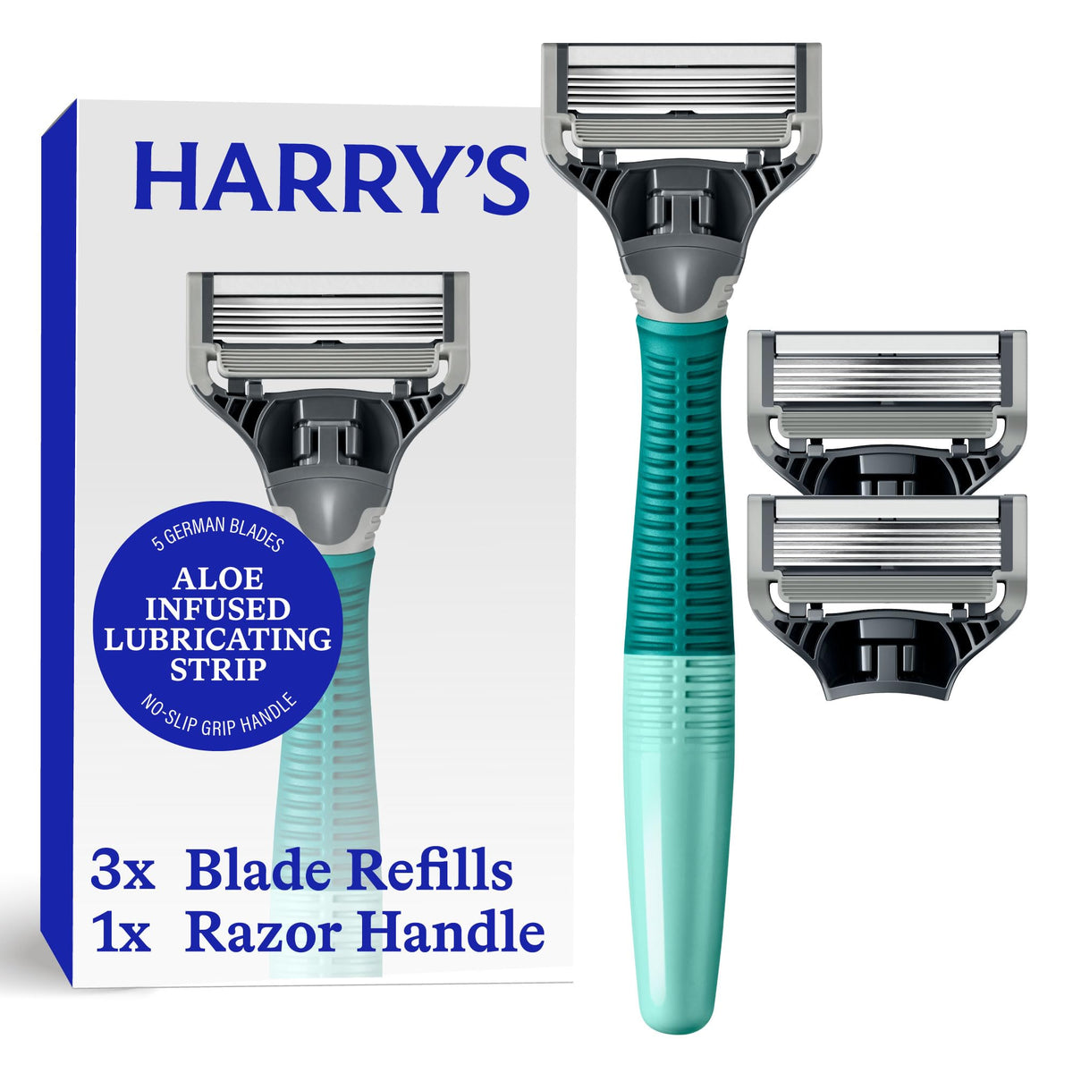 Harry's Original Shaving Kit front view with razor handle and blades