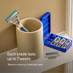 Harry's Plus razor blade cartridge close-up with lubricating strip