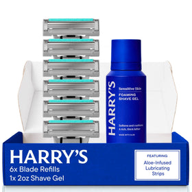 Harry's Plus Razor Refills package with 6 cartridges and foaming shave gel