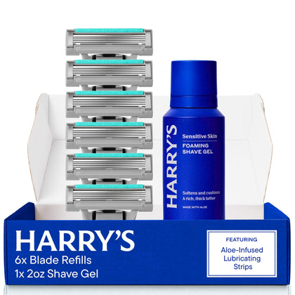 Harry's Plus Razor Refills package with 6 cartridges and foaming shave gel