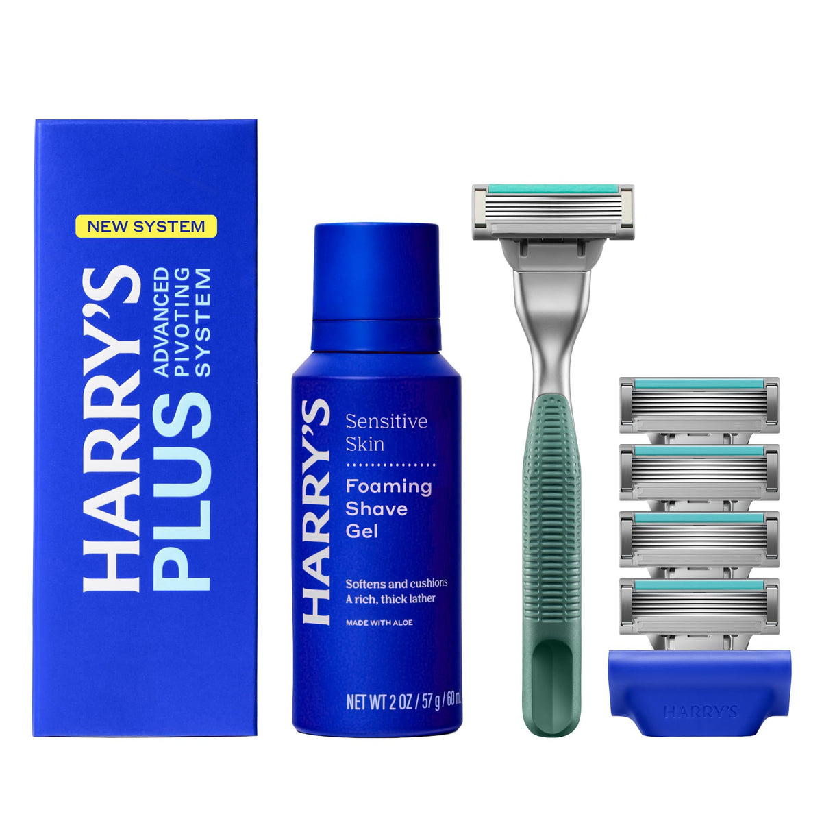 Harry's Plus Shaving Kit front view with Moss metal handle and cartridges
