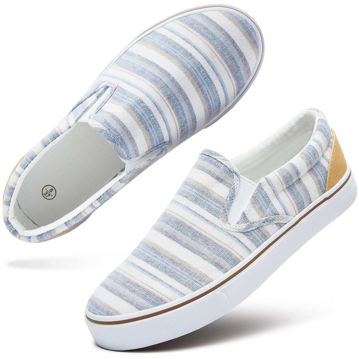 hash bubbie Women's Canvas Slip On Sneakers front view in light blue stripes