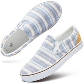 hash bubbie Women's Canvas Slip On Sneakers front view in light blue stripes