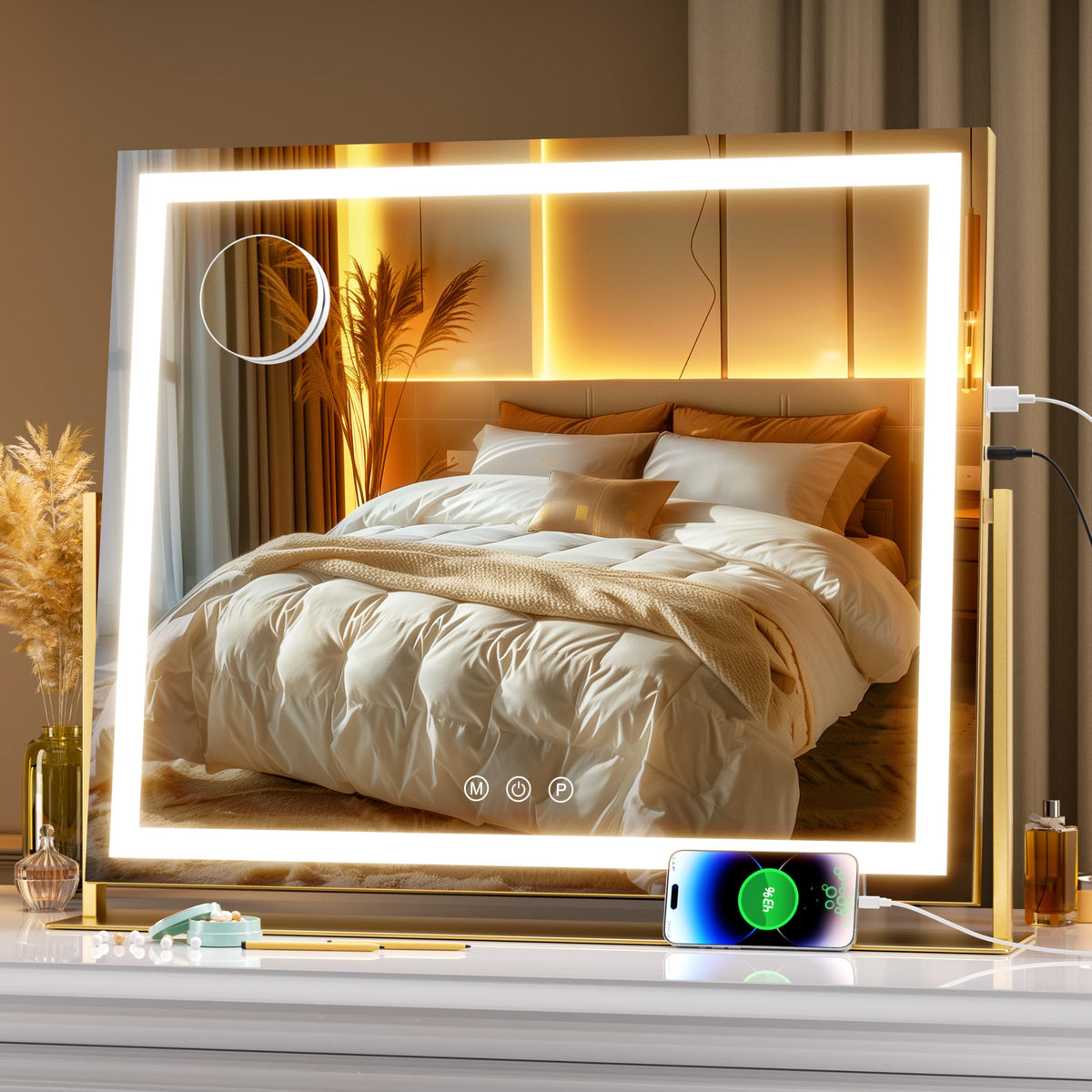 Hasipu Vanity Mirror front view with lights in gold