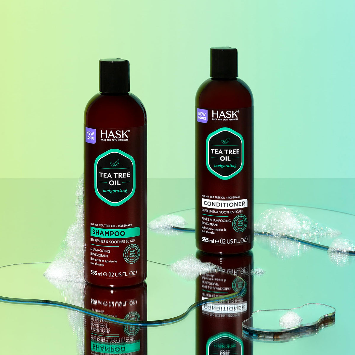 HASK Tea Tree Oil & Rosemary Shampoo and Conditioner lifestyle scene