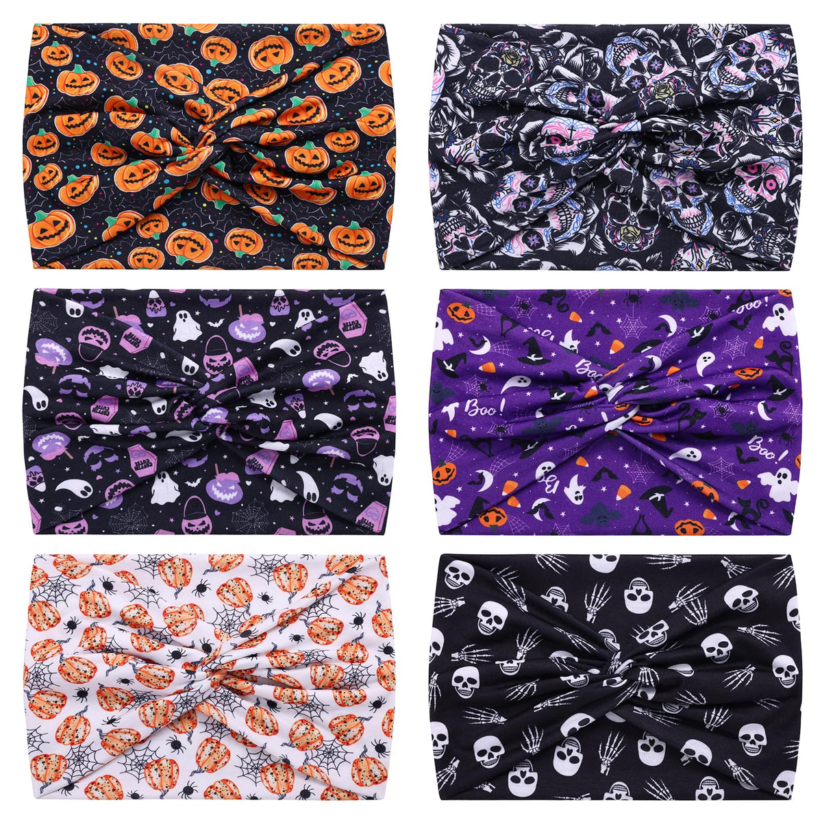 HAUHC 6 Pack Halloween Headbands with skull, pumpkin, and bat designs