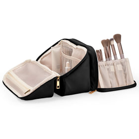 HauteHues Travel Makeup Bag black front view with wide-open design