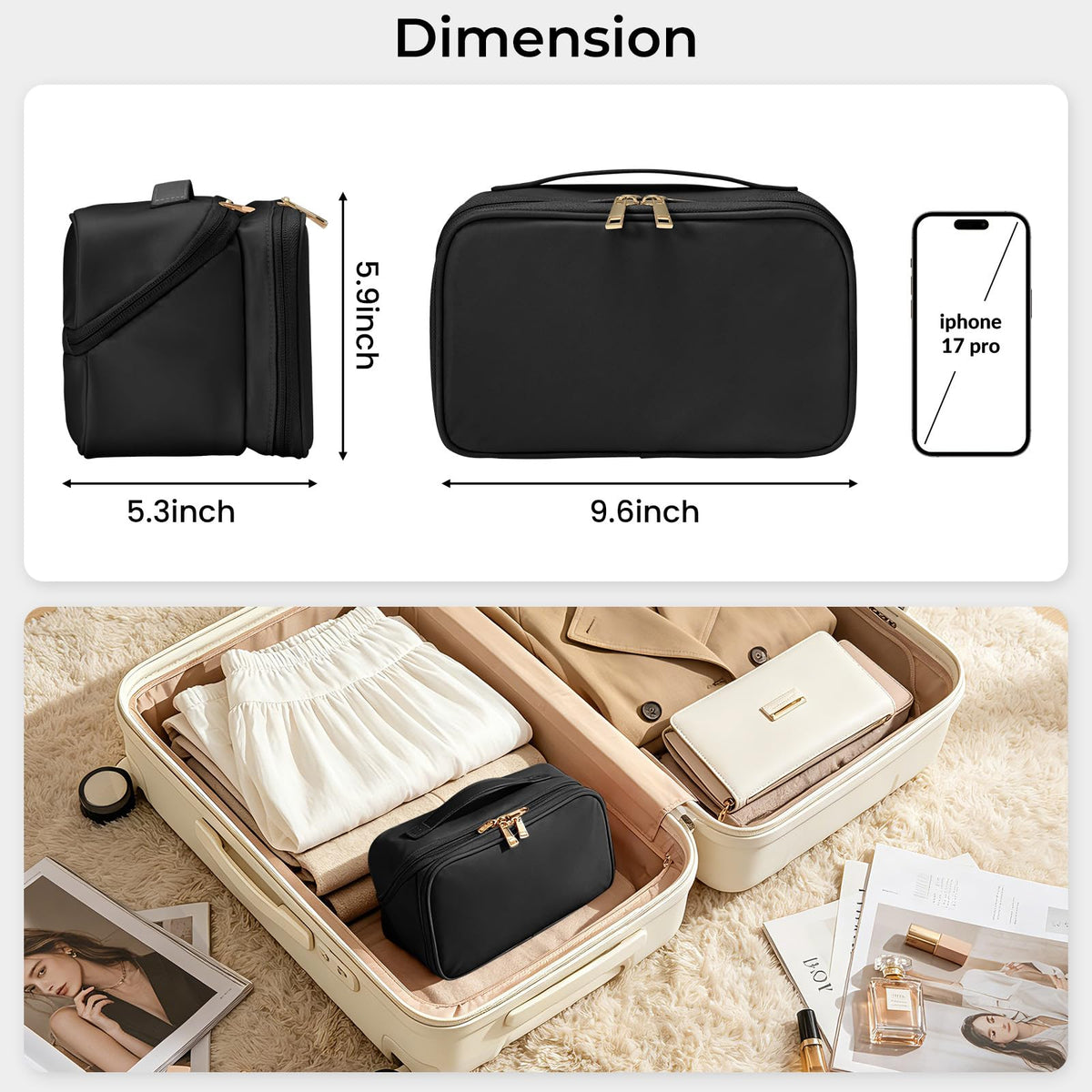 HauteHues Travel Makeup Bag black waterproof pouch close-up