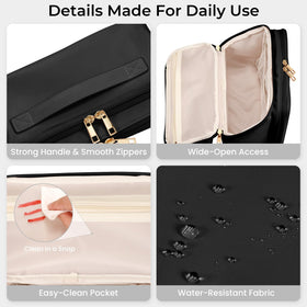 HauteHues Travel Makeup Bag open displaying makeup and skincare products