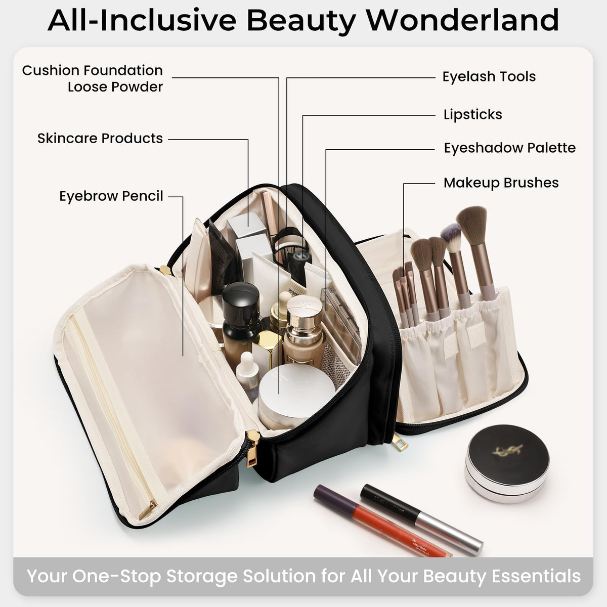 HauteHues Travel Makeup Bag showing compartments and brush holders