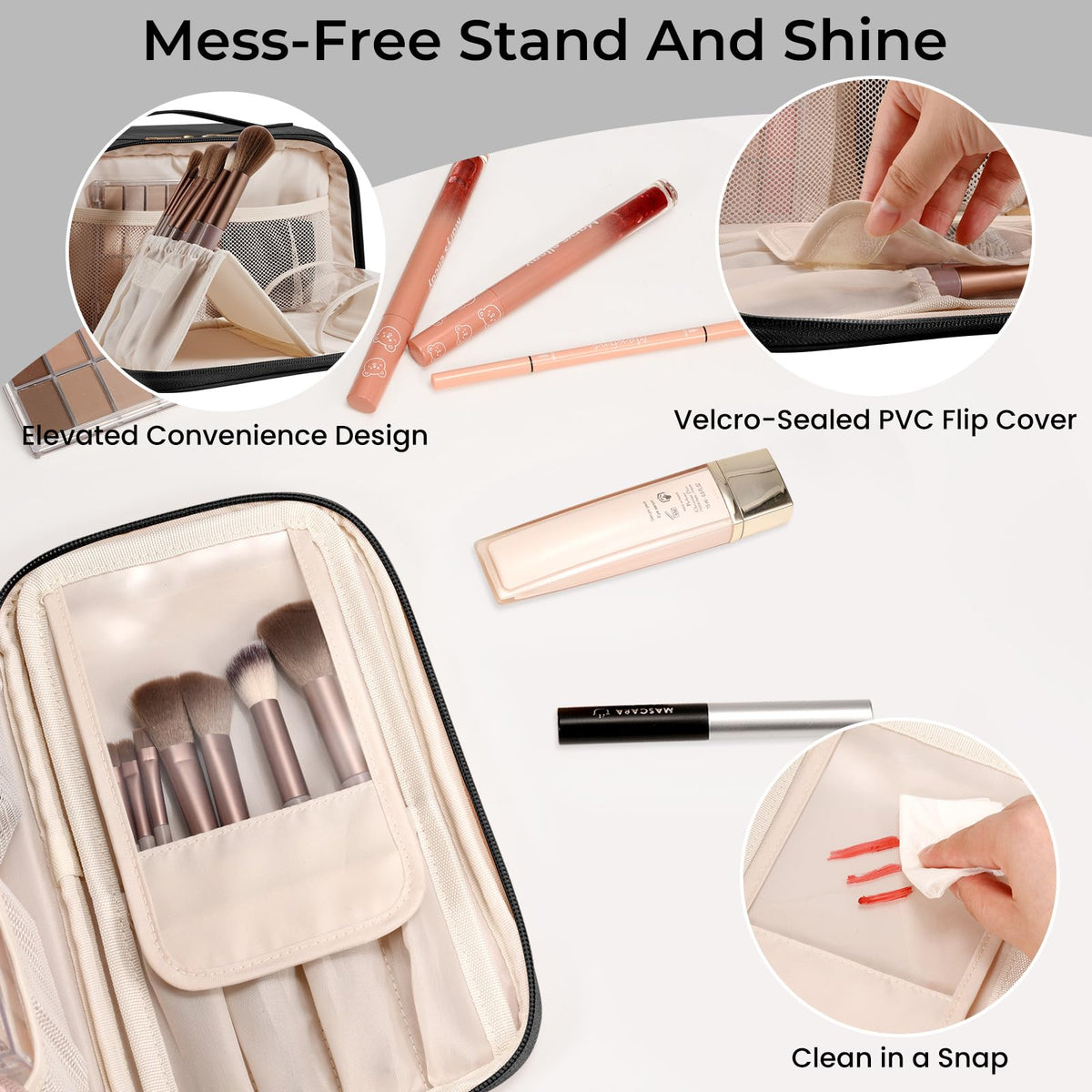 HauteHues Travel Makeup Bag side view with PU leather handle