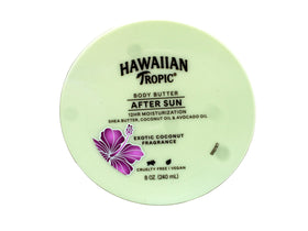 Hawaiian Tropic Aftersun Body Butter Exotic Coconut with tropical background