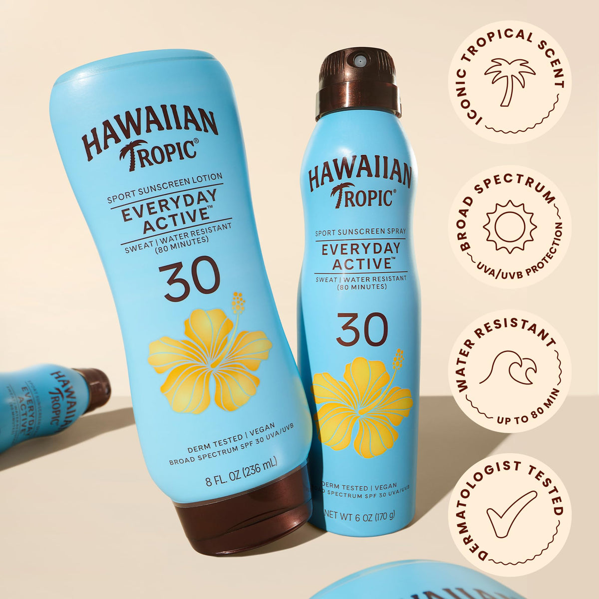 Hawaiian Tropic Everyday Active SPF 30 Sunscreen Spray showing continuous spray feature