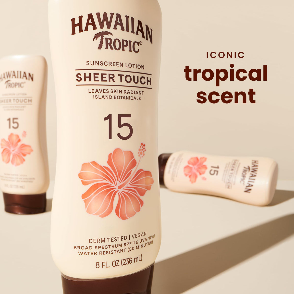 Hawaiian Tropic Sheer Touch SPF 15 sunscreen lotion back view with ingredients
