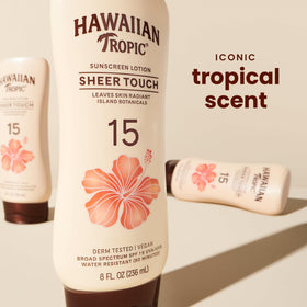 Hawaiian Tropic Sheer Touch SPF 15 sunscreen lotion back view with ingredients