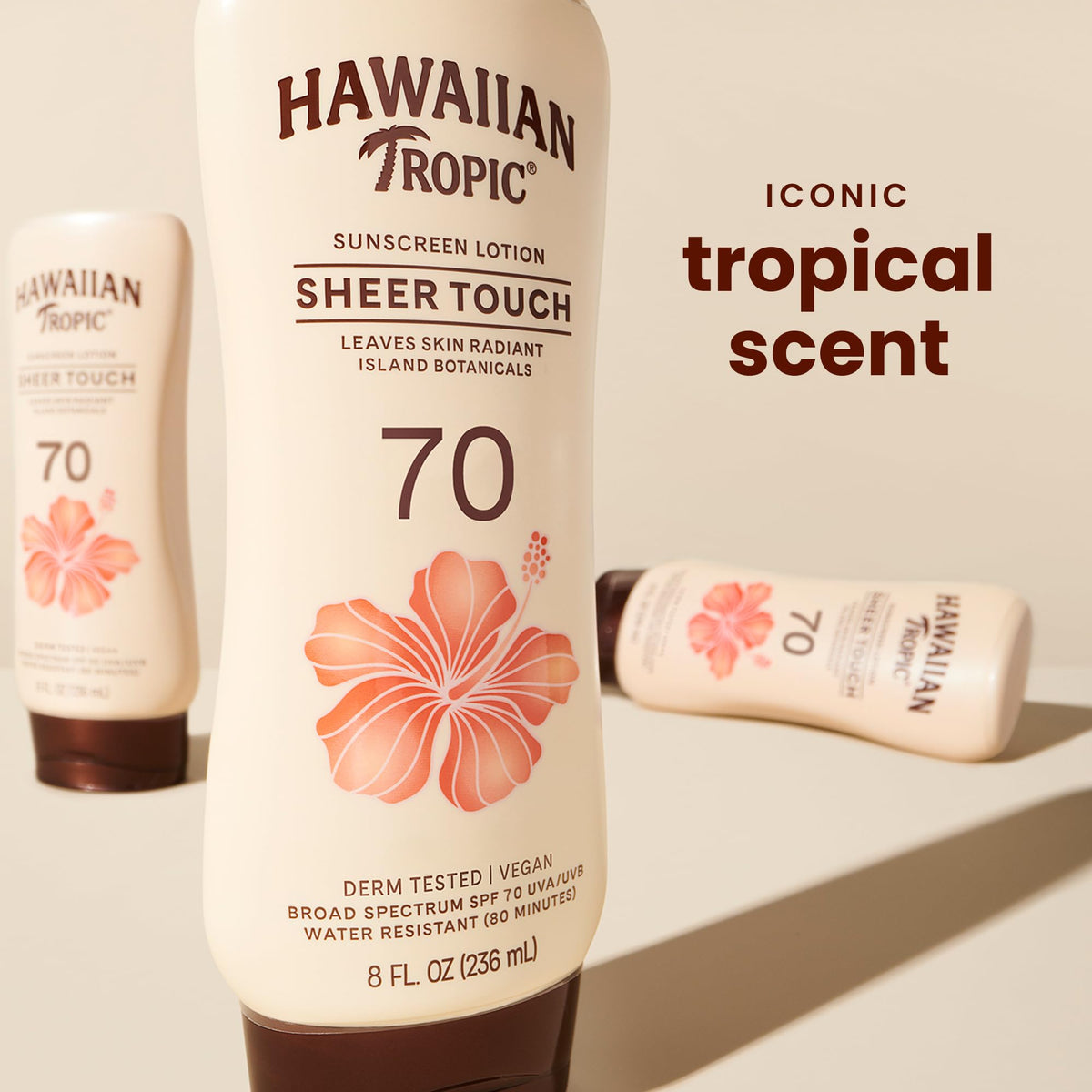 Hawaiian Tropic Sheer Touch SPF 70 Sunscreen Lotion back view with ingredients