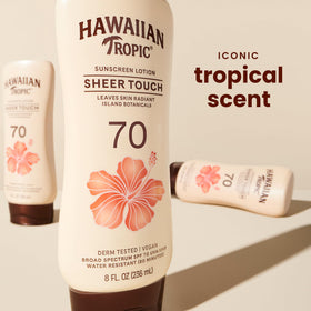 Hawaiian Tropic Sheer Touch SPF 70 Sunscreen Lotion back view with ingredients