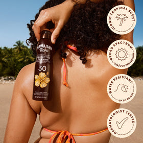 Hawaiian Tropic tanning lotion bottle with tropical scenery