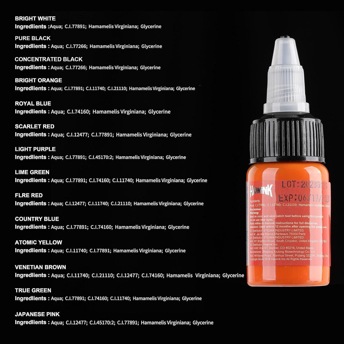 HAWINK Tattoo Ink Set with various colour pigments displayed