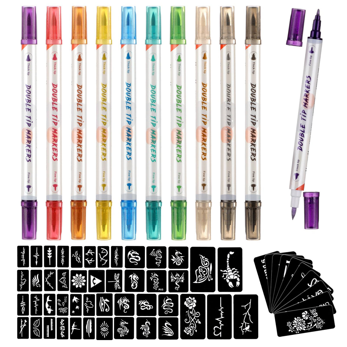 HAWINK Temporary Tattoo Markers Kit with 10 pens and stencils