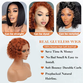 HAYAHAIR Glueless Short Curly Deep Wave Wig 8 Inch Ginger back view