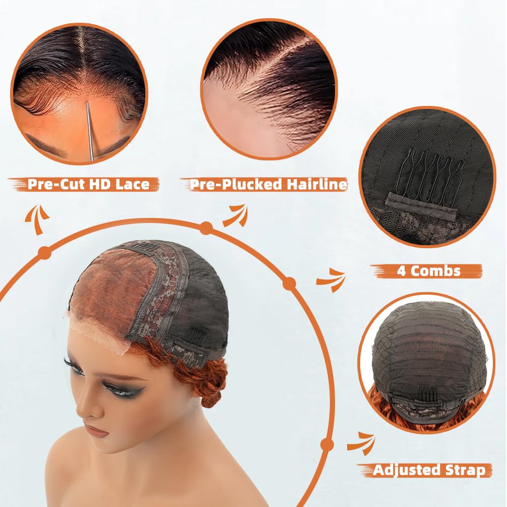 HAYAHAIR Glueless Short Curly Deep Wave Wig 8 Inch Ginger close-up of curls